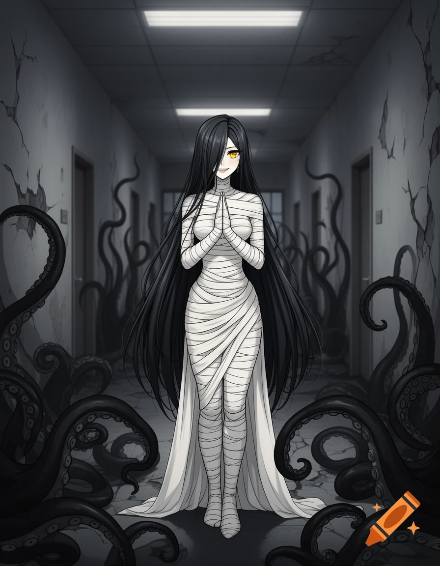Anime mummy ghost woman with long black hair and yellow eyes, standing with folded hands in a dark, tentacle-filled asylum hallway.