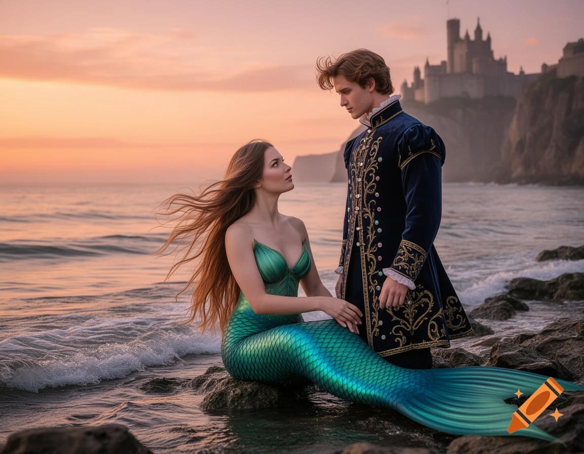 Photorealistic image of a mermaid with a green tail on a rocky beach, gazing at a prince in an ornate blue coat, with a castle and sunset.