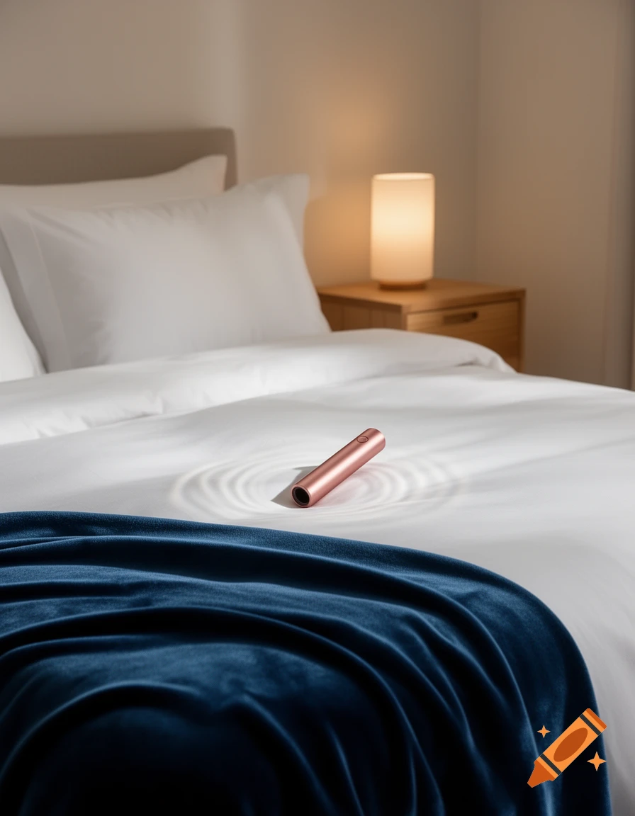 A rose gold vibrator lies on a white bed with a dark blue blanket, with a glowing lamp on a nightstand in the background.