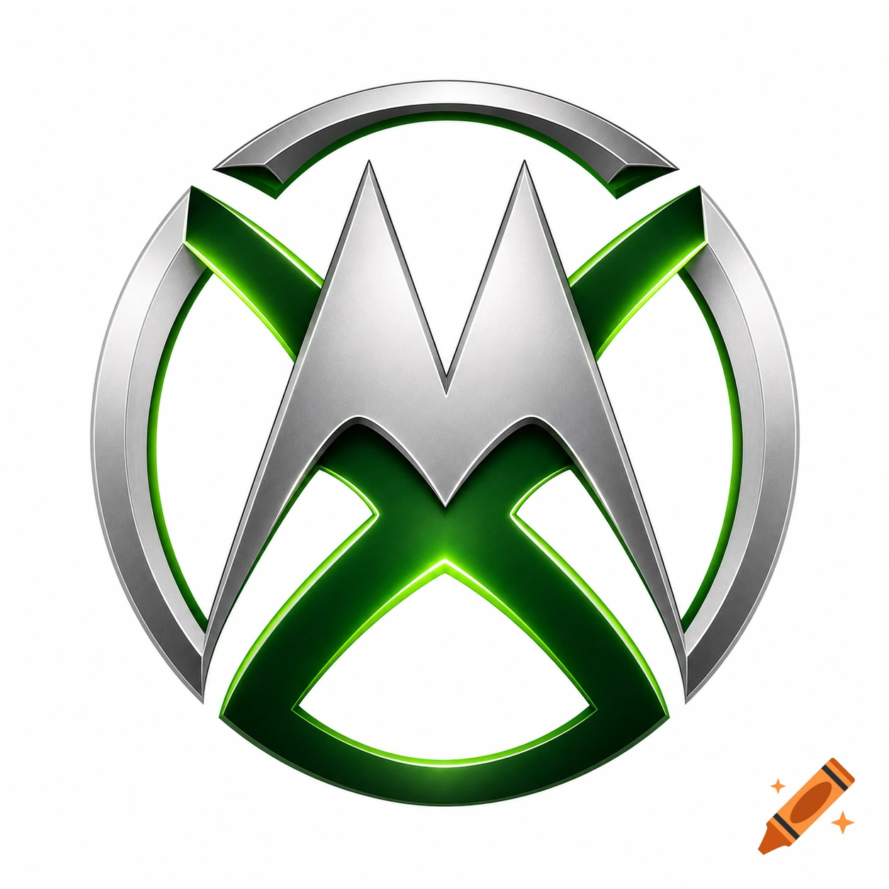 A metallic silver and glowing green logo combining the stylized Motorola 'M' and Xbox 'X' symbols within a circle.