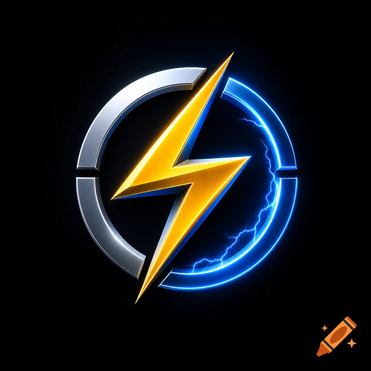 A stylized golden lightning bolt within a circular logo, featuring silver segments on the left and a glowing blue neon ring with electric arcs on the right, all on a black background.