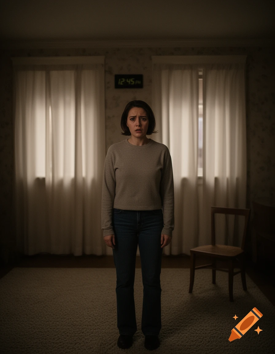 A photorealistic image of a distressed woman standing in a dimly lit room with a digital clock displaying 12:45 pm.
