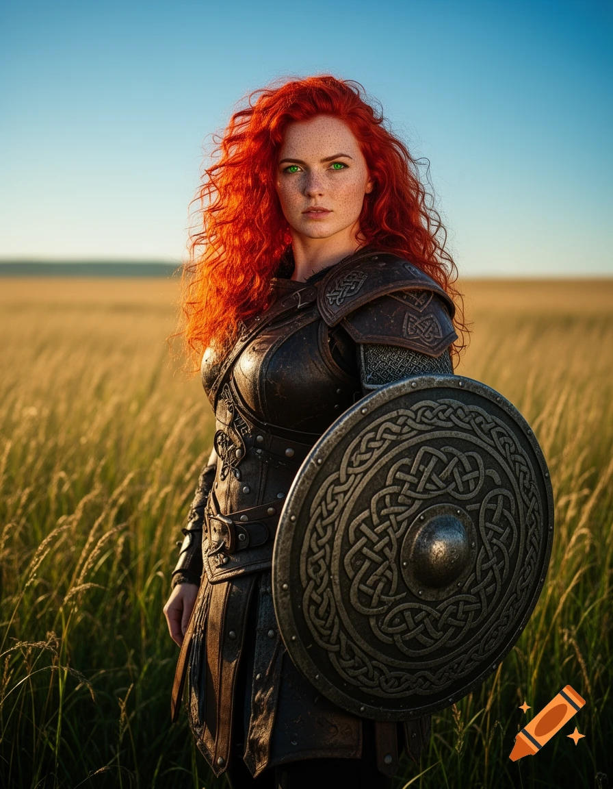 A photorealistic portrait of a red-headed shieldmaiden with green eyes and freckles, in dark armor, holding a Celtic shield in a sunny field.