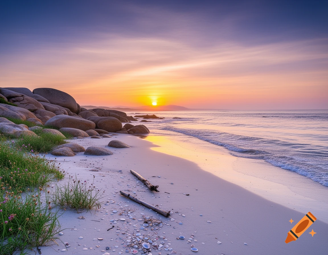 A serene beach at sunset with a rocky shoreline, calm waves, and a vibrant sky showing oranges and purples.