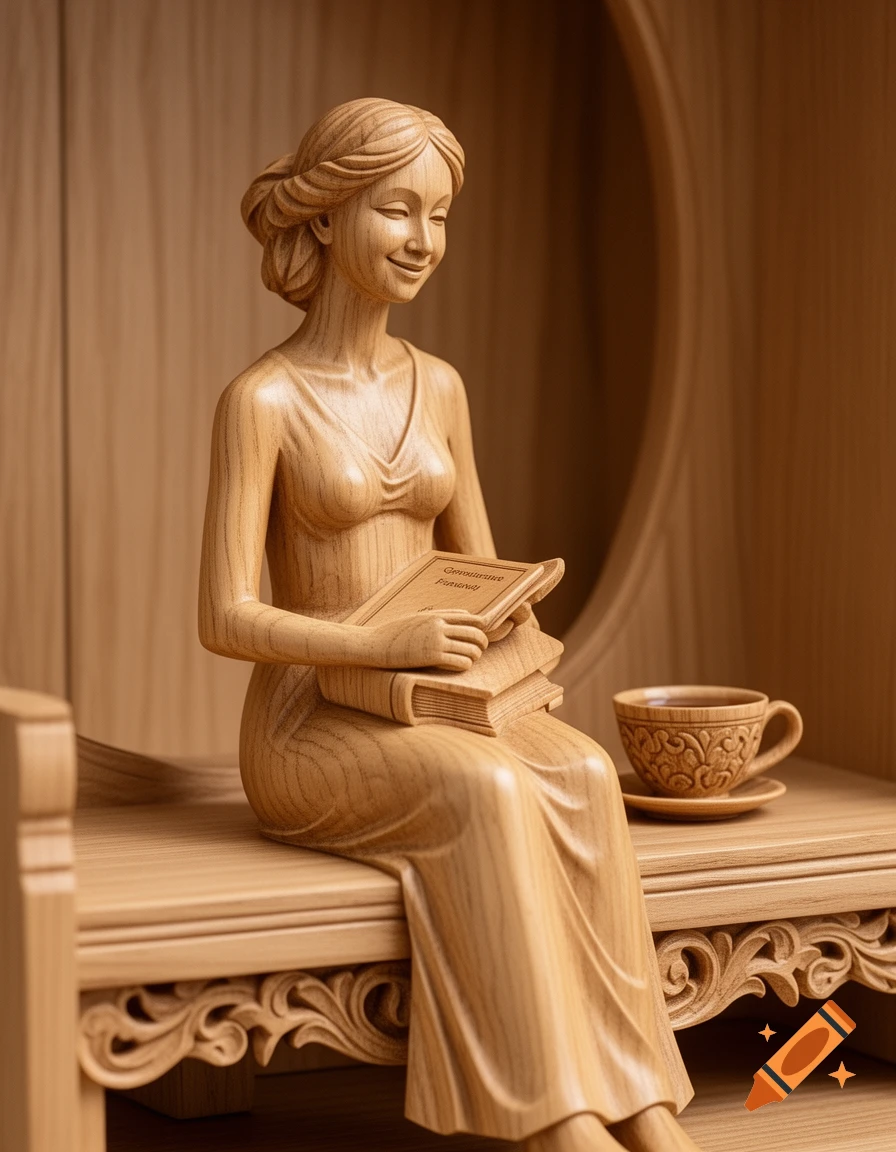 A detailed wooden sculpture of a woman in a dress sitting and holding a stack of books, with a carved wooden teacup beside her.
