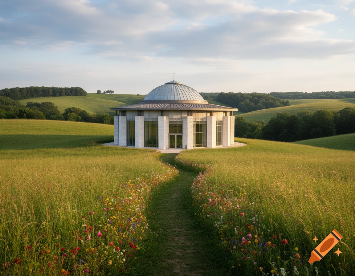 A circular domed chapel with a cross on top, nestled in a green field with a winding wildflower path, under a partly cloudy sky.