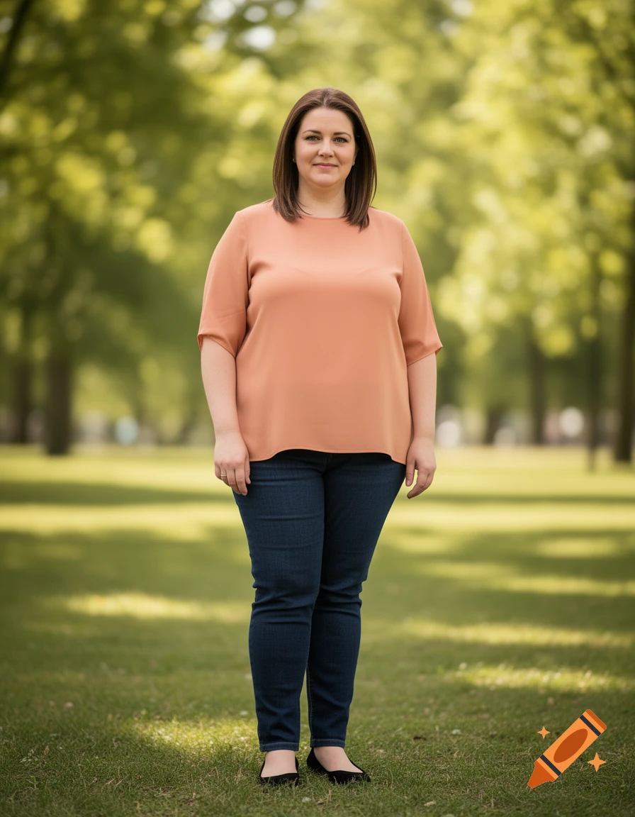 Photorealistic portrait of a plump woman with brown hair, wearing a peach blouse and jeans, standing in a sunny park.
