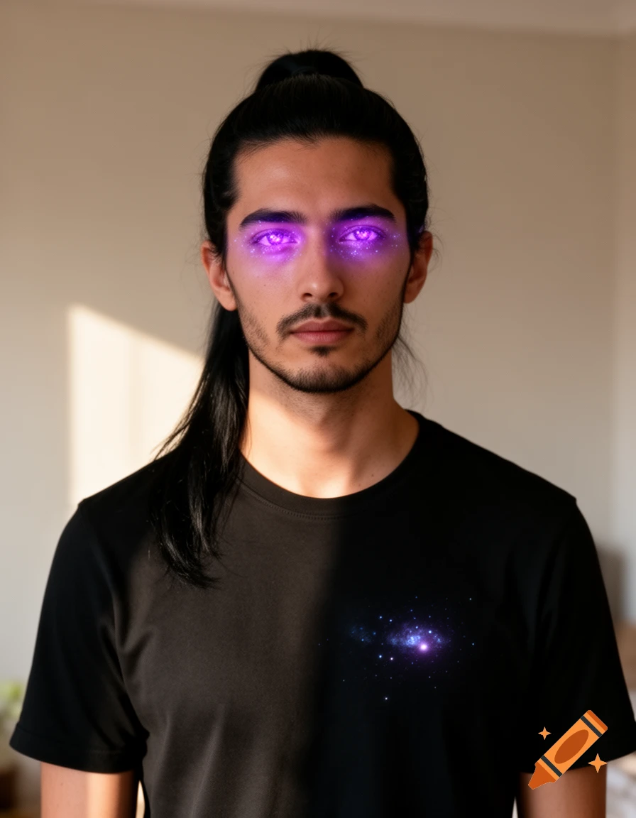 Portrait of a man with long black hair in a ponytail, wearing a black t-shirt with a nebula design, and glowing purple, starry eyes.