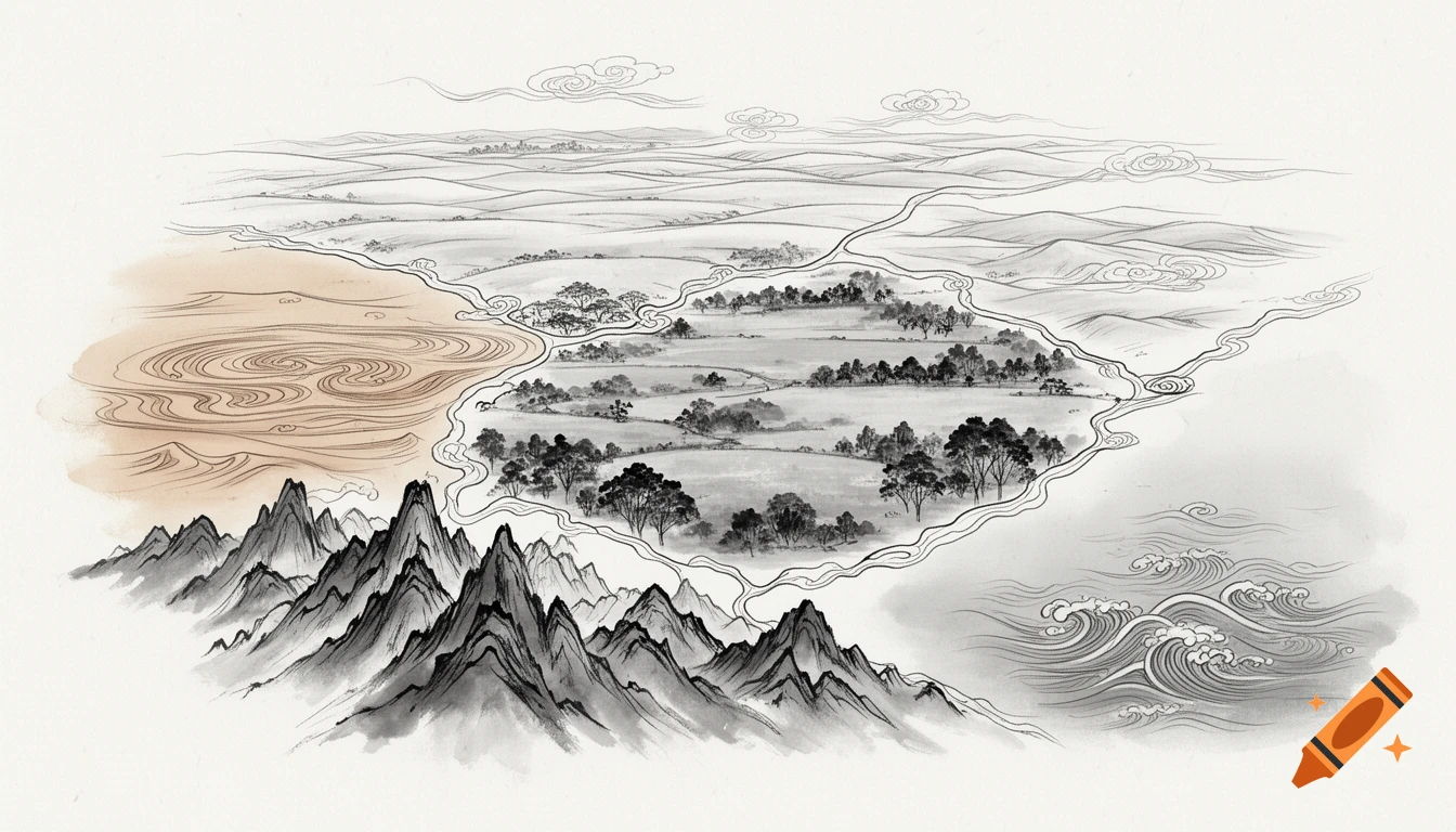 A stylized ink wash map in Chinese art style, depicting segmented regions of mountains, plains, desert, and sea.