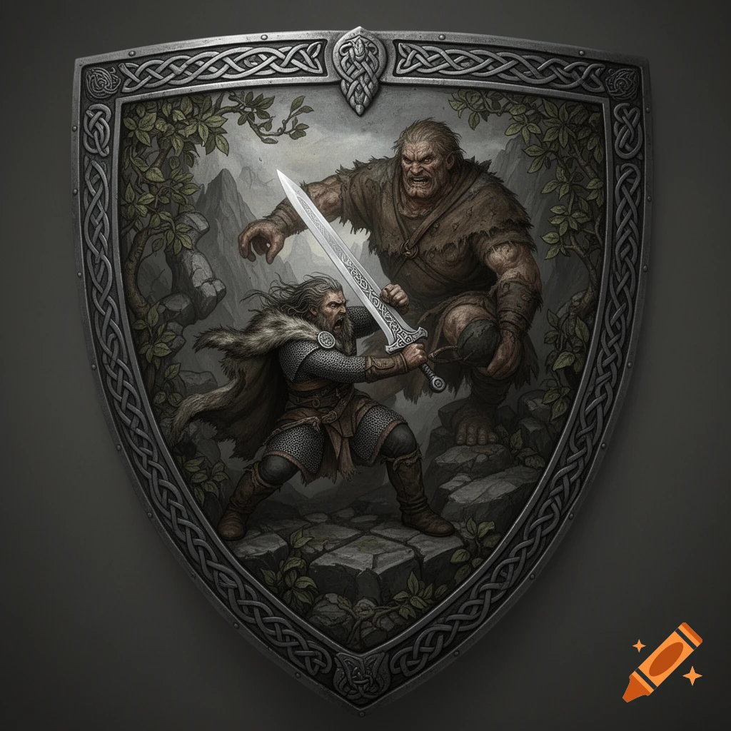 A detailed illustration on a shield shows a warrior fighting a giant, framed by intricate Celtic knots.