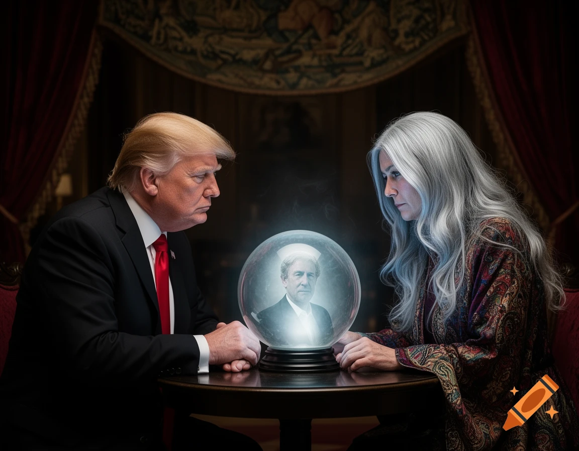 Donald Trump looks intently at a crystal ball held by a fortune teller, which displays a faint image of Jeffrey Epstein.