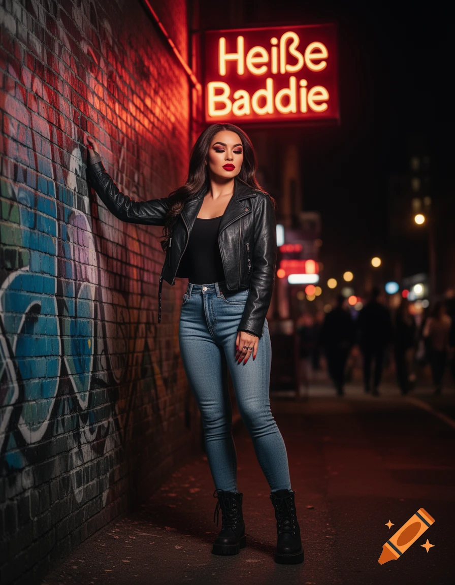 A woman in a leather jacket and jeans leans against a graffiti wall under a red neon 'Heiße Baddie' sign at night.