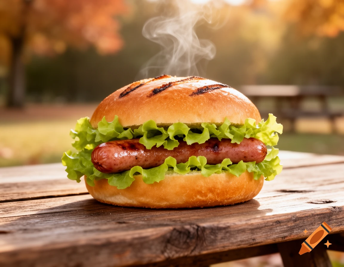 Steaming grilled sausage in a bun with lettuce on a wooden table outdoors in an autumn park.