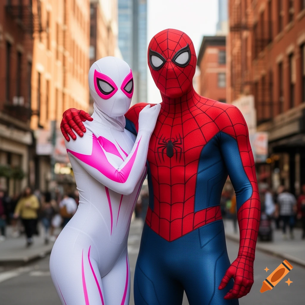 Spider-Man and Ghost-Spider in their classic suits posing on a bustling urban street.