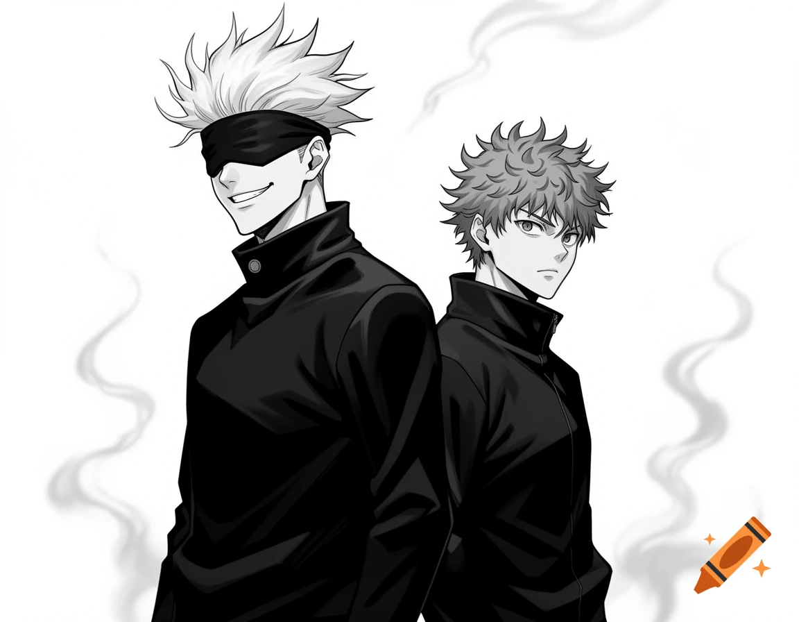 Two male anime characters from Jujutsu Kaisen, Gojo and Yuji, stand back to back in black and white against a white background with smoke.
