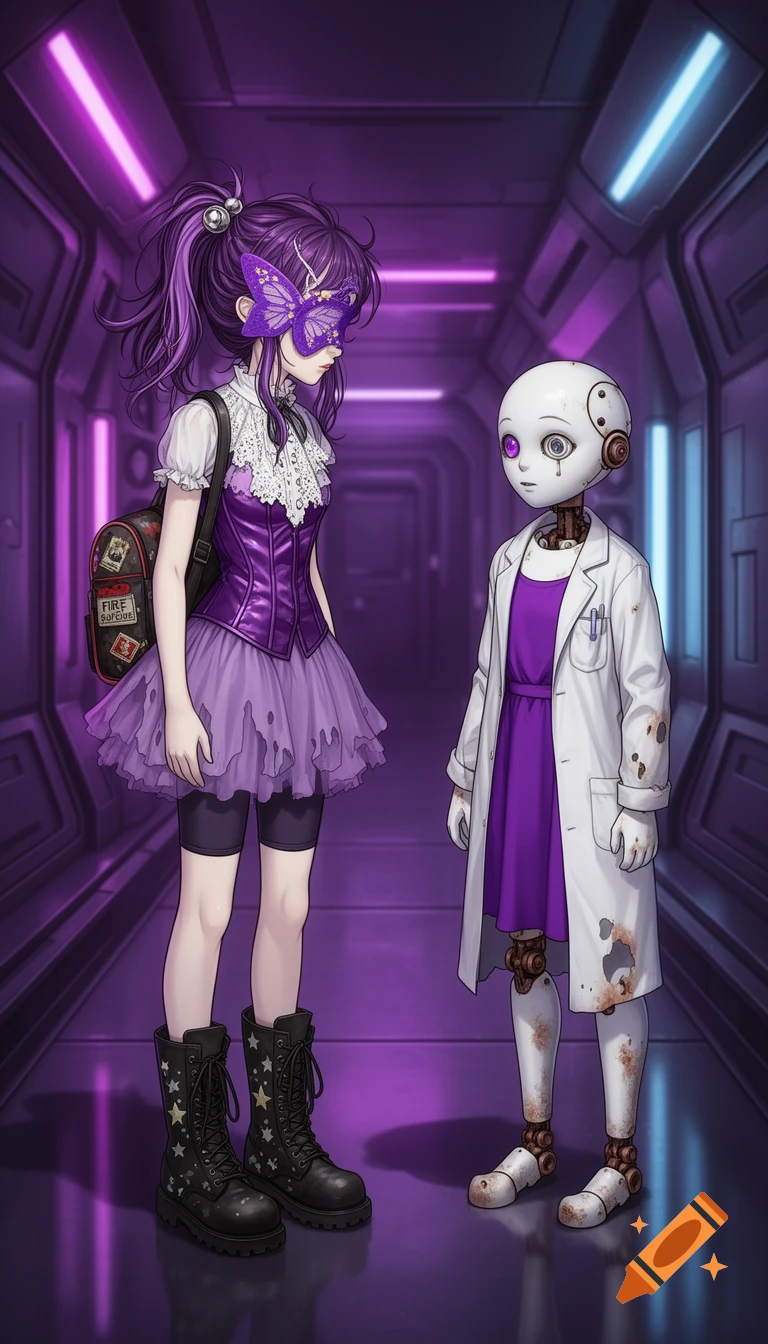 An anime girl in a purple corset and tutu with a butterfly mask looks at an android doll in a lab coat in a neon-lit space station.