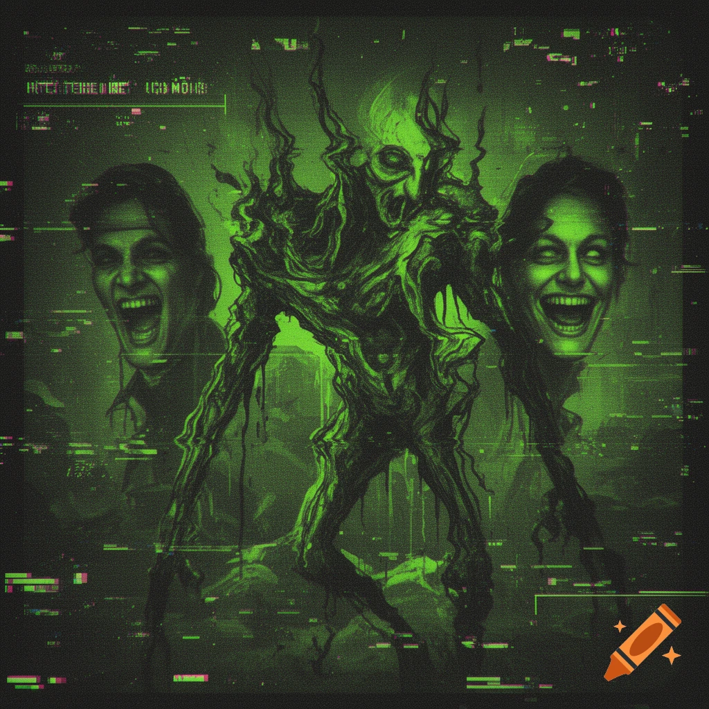 A neon green glitch art image of a distorted, skeletal monster with two disembodied, screaming faces floating on either side, resembling corrupted analog horror footage.