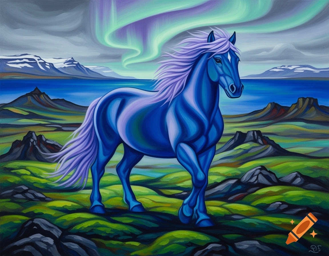A blue horse with a purple mane stands in a green, rocky Icelandic landscape under a green and purple aurora borealis, in a Franz Marc painting style.