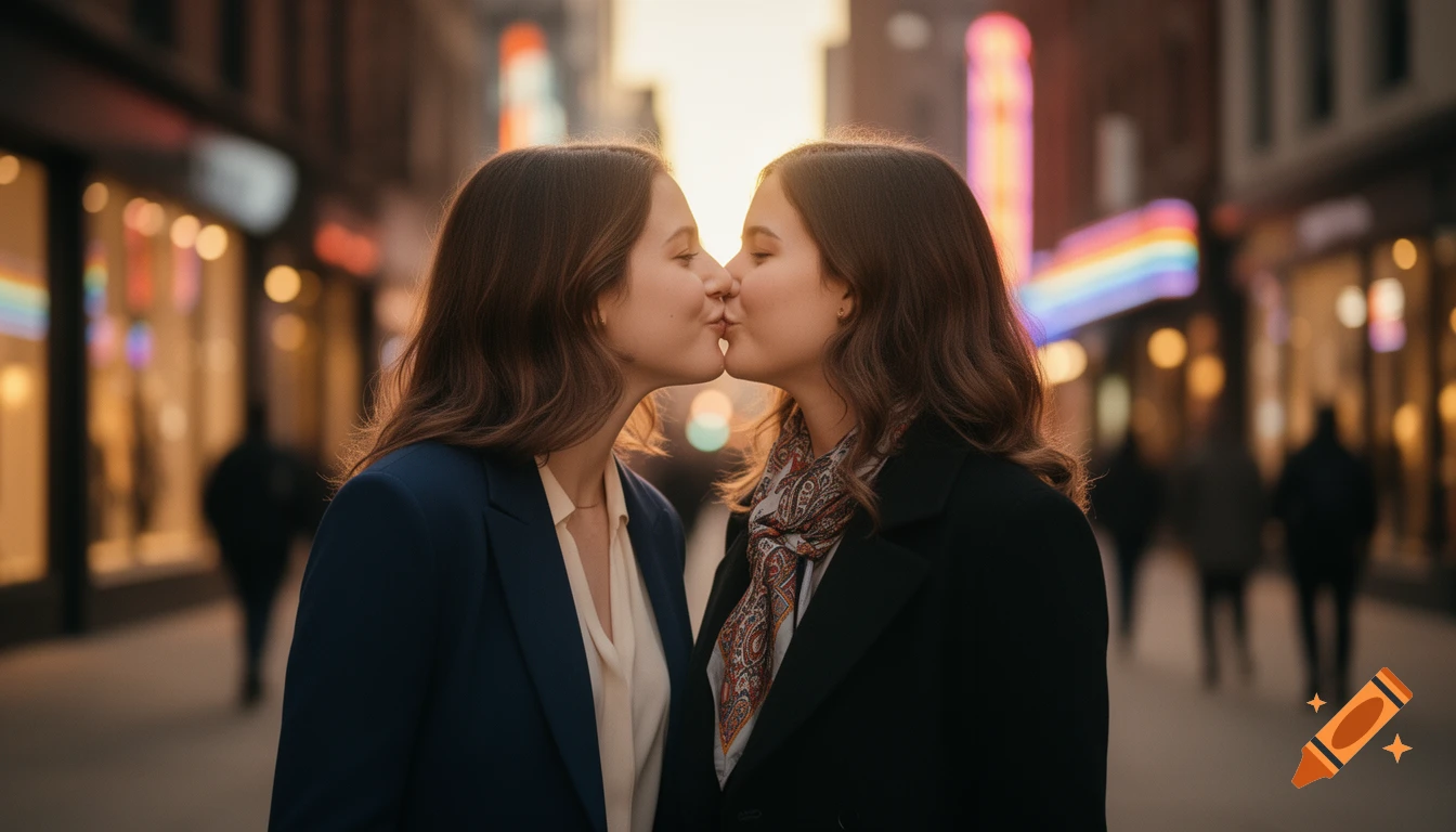 Two young women with brown hair kiss on a city street with blurred shops and lights in the background, cinematic style.