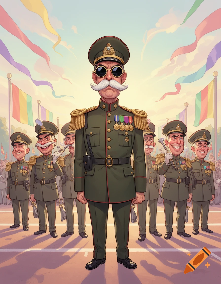 A campy illustration of a stern general with a large mustache and sunglasses standing in front of smiling officers under colorful streamers.