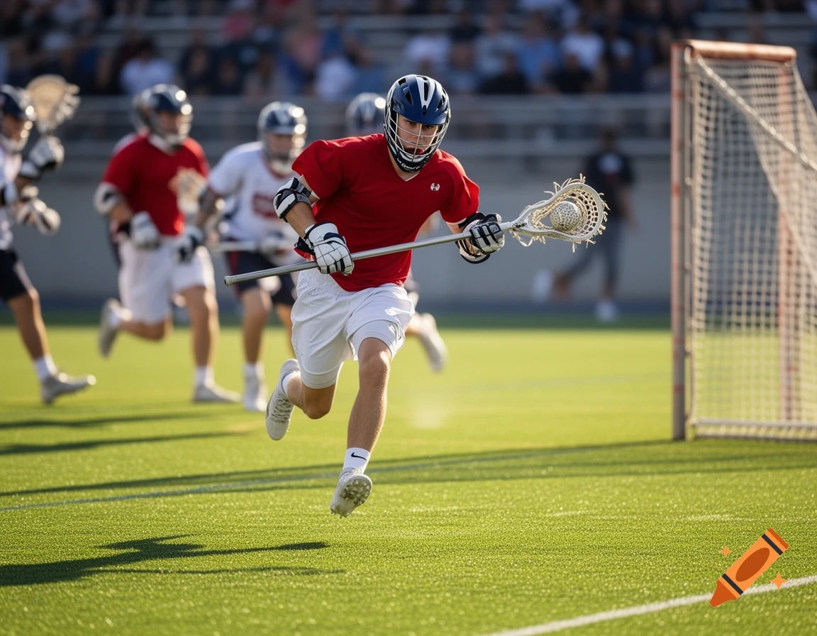 A young man in a red jersey and white shorts runs across a green lacrosse field with a stick and ball, other players and a goal in the background.