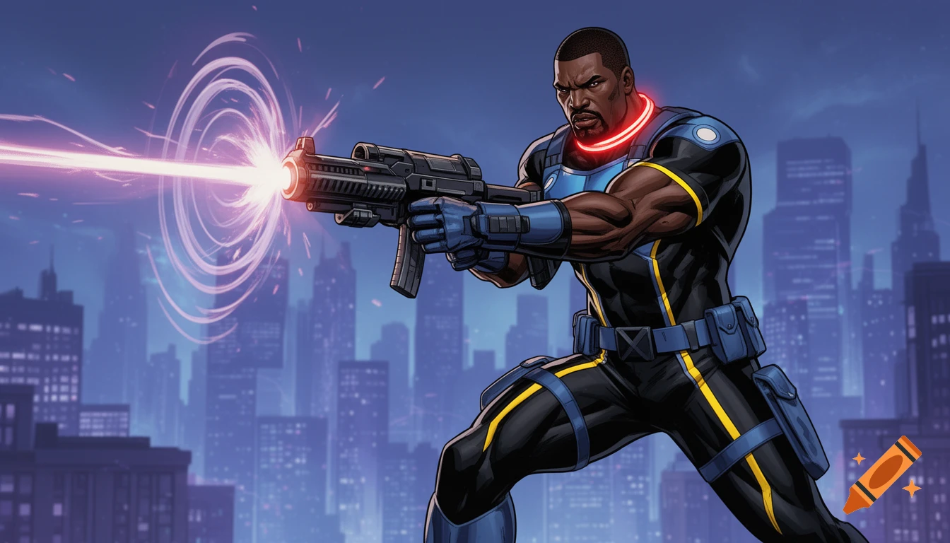 Bishop from X-Men '97, a Black man in a blue and black suit, fires a laser rifle in a comic book art style cityscape.