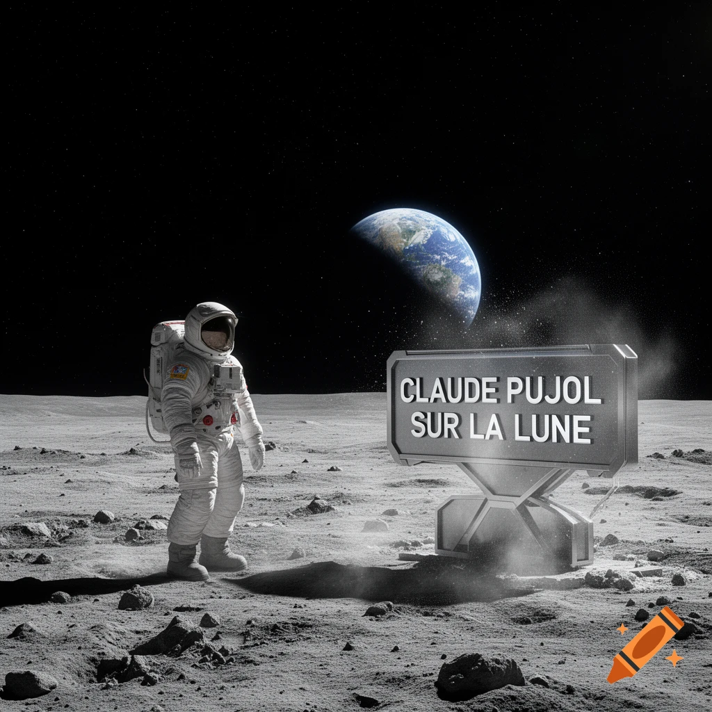 An astronaut stands on the moon next to a sign that reads "CLAUDE PUJOL SUR LA LUNE", with Earth visible in the background against a starry sky.