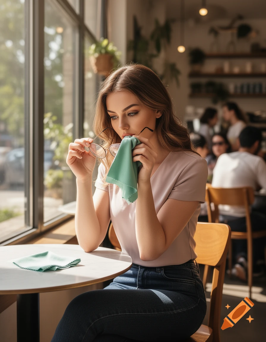 A young woman cleaning her glasses with a green cloth, sitting at a table in a sunny cafe, photorealistic style.