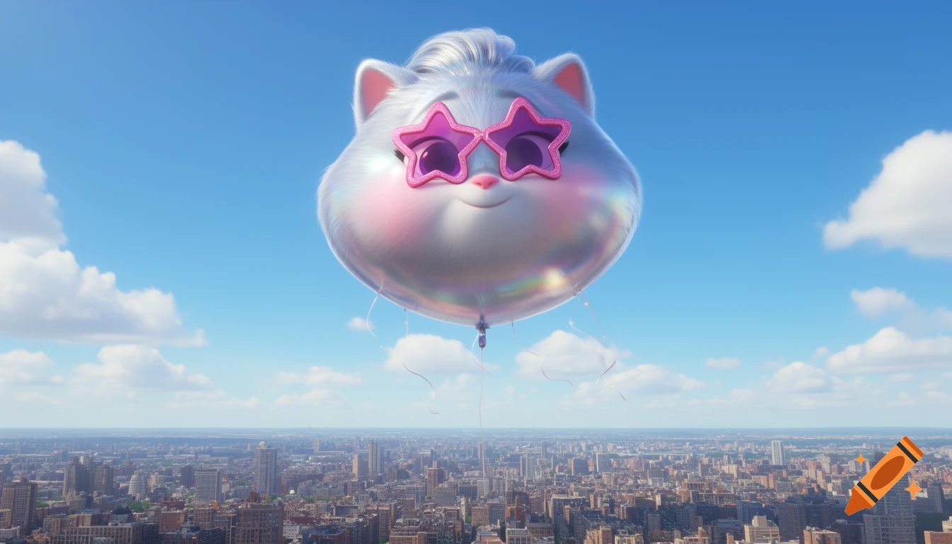 A giant, shiny, silvery cartoon cat-like balloon with pink star glasses floats high above a sprawling city.