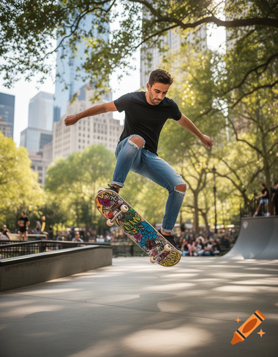 A man in a black t-shirt and ripped jeans performs an ollie on a colorful skateboard at an urban skate park, with buildings and trees.