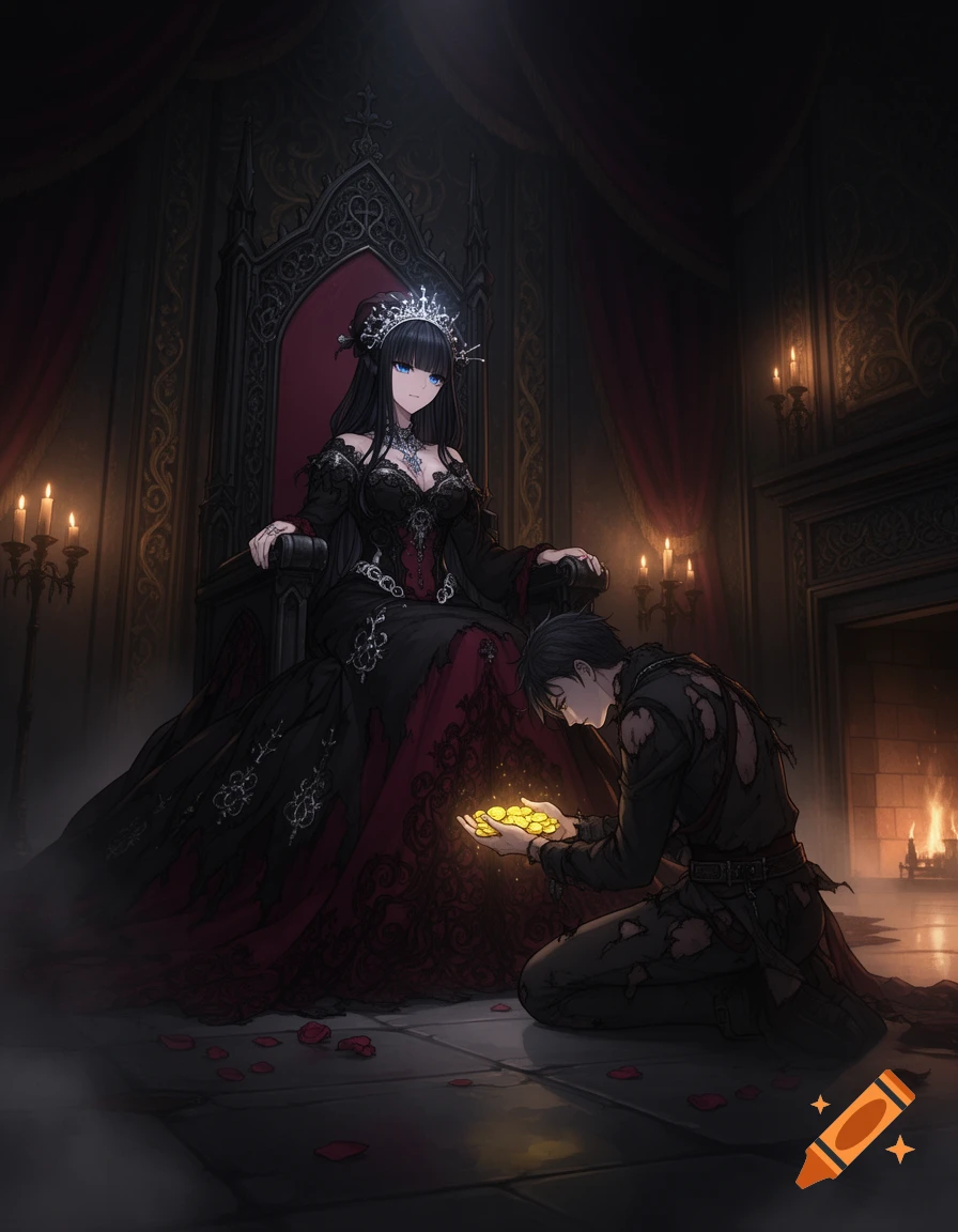 Anime queen on a gothic throne, watching a man kneel and offer gold coins in a dark, candlelit chamber.