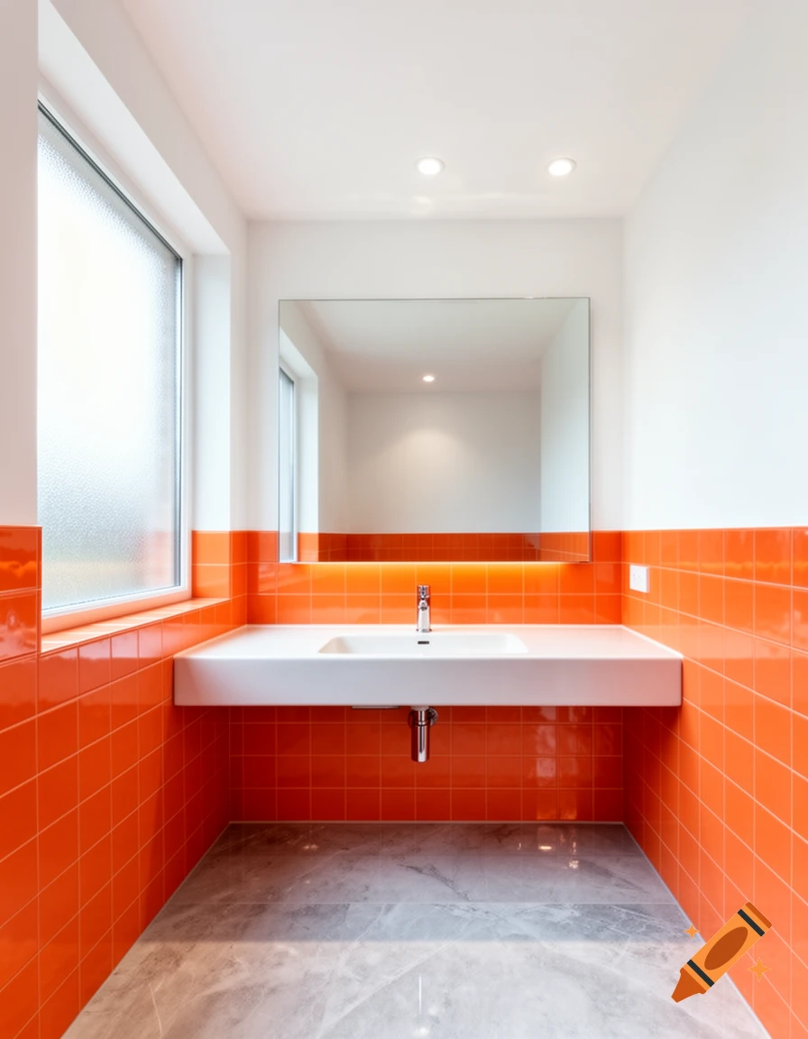 Modern bathroom with orange tiled walls, a white sink, large mirror, and window.