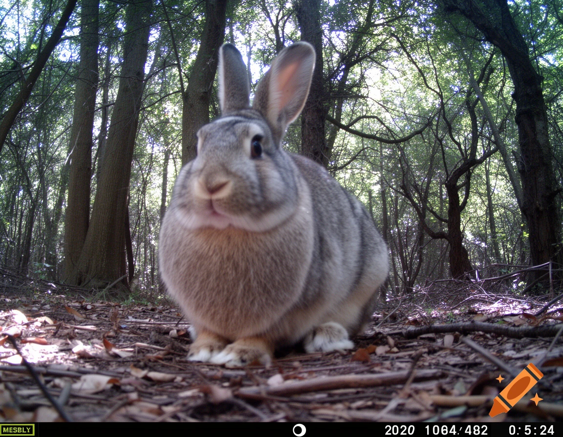 A large, fluffy rabbit with perked ears sits on a leaf-covered forest floor, looking directly into a trail camera from a low angle.