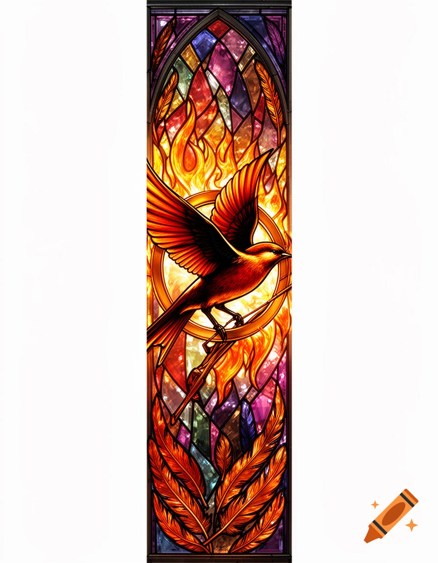 Vibrant stained-glass window with a red mockingjay bird, surrounded by orange flames and feathers within a Gothic arch.