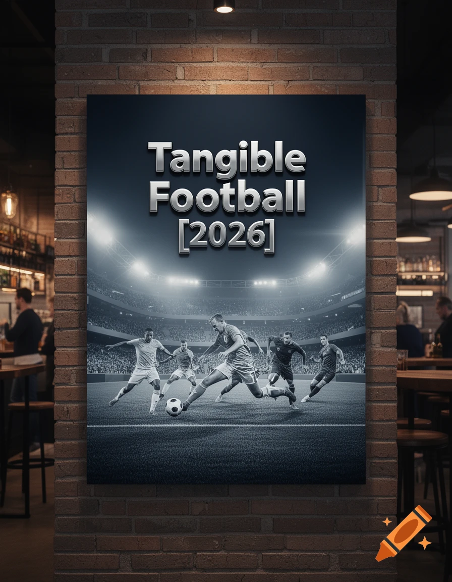 A poster in a bar advertises 'Tangible Football [2026]' with soccer players on a field in a stadium.