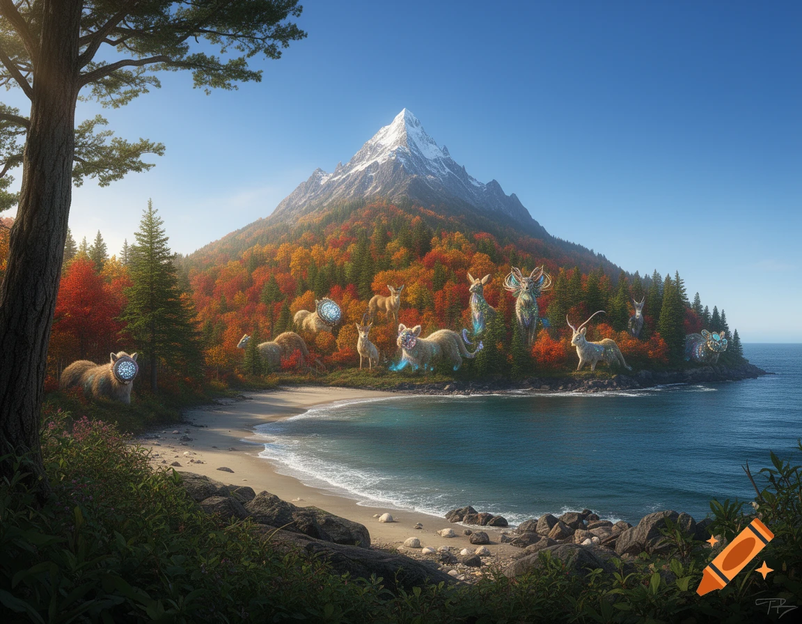 A vibrant landscape featuring a snowy mountain, colorful autumn forest, and a sandy beach. Glowing, fantastical animals with crystal features dot the shore.