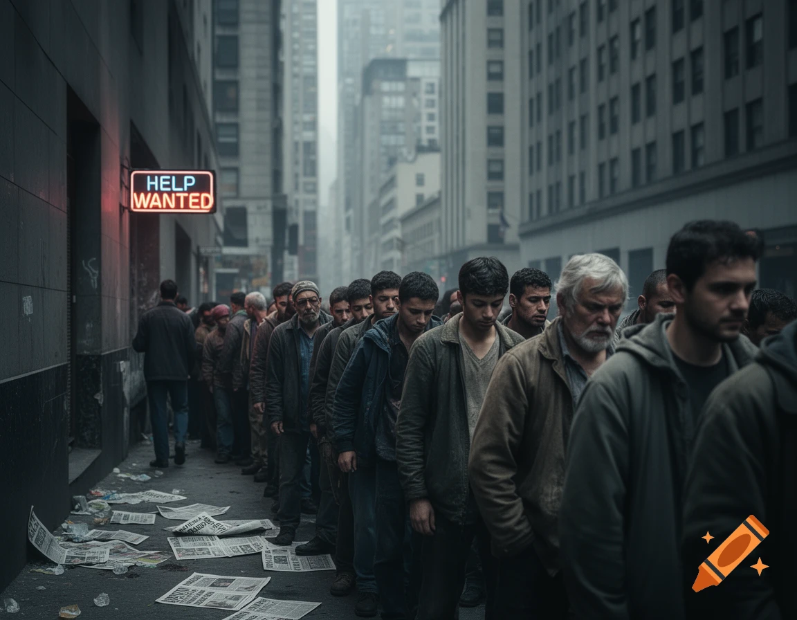 A long line of men wait on a grim city street under a red 'HELP WANTED' sign, with discarded newspapers on the ground. Photorealistic style.