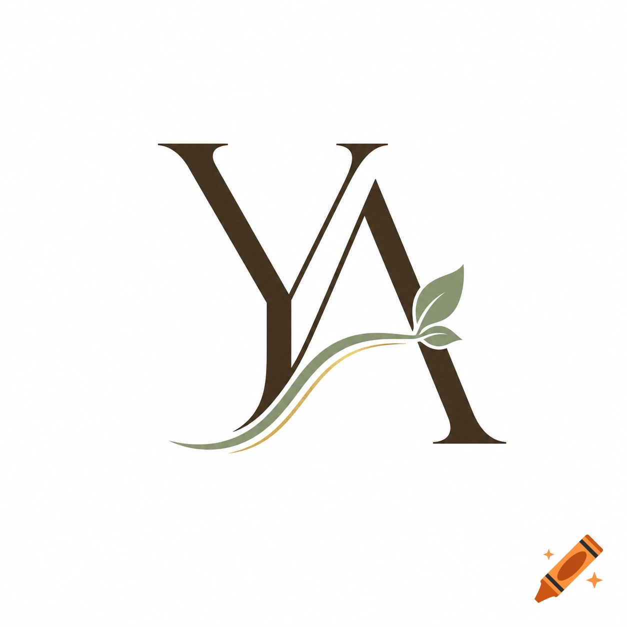 High-end, minimalist logo with stylized dark brown letters 'YA' intertwined with a green leaf and a flowing gold and green line on a white background.