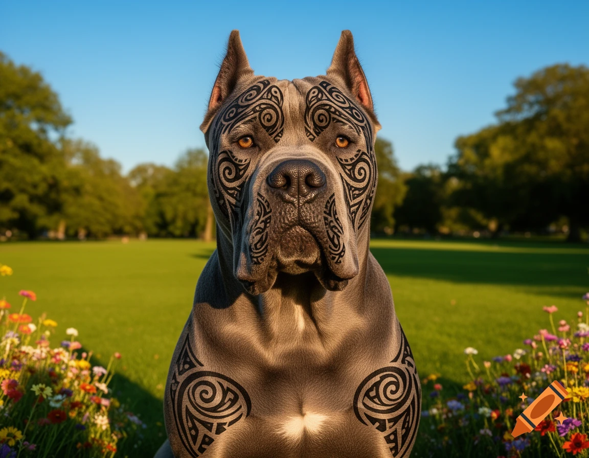 Photorealistic image of a grey dog with black tribal tattoos on its face and chest, sitting in a grassy park with flowers.