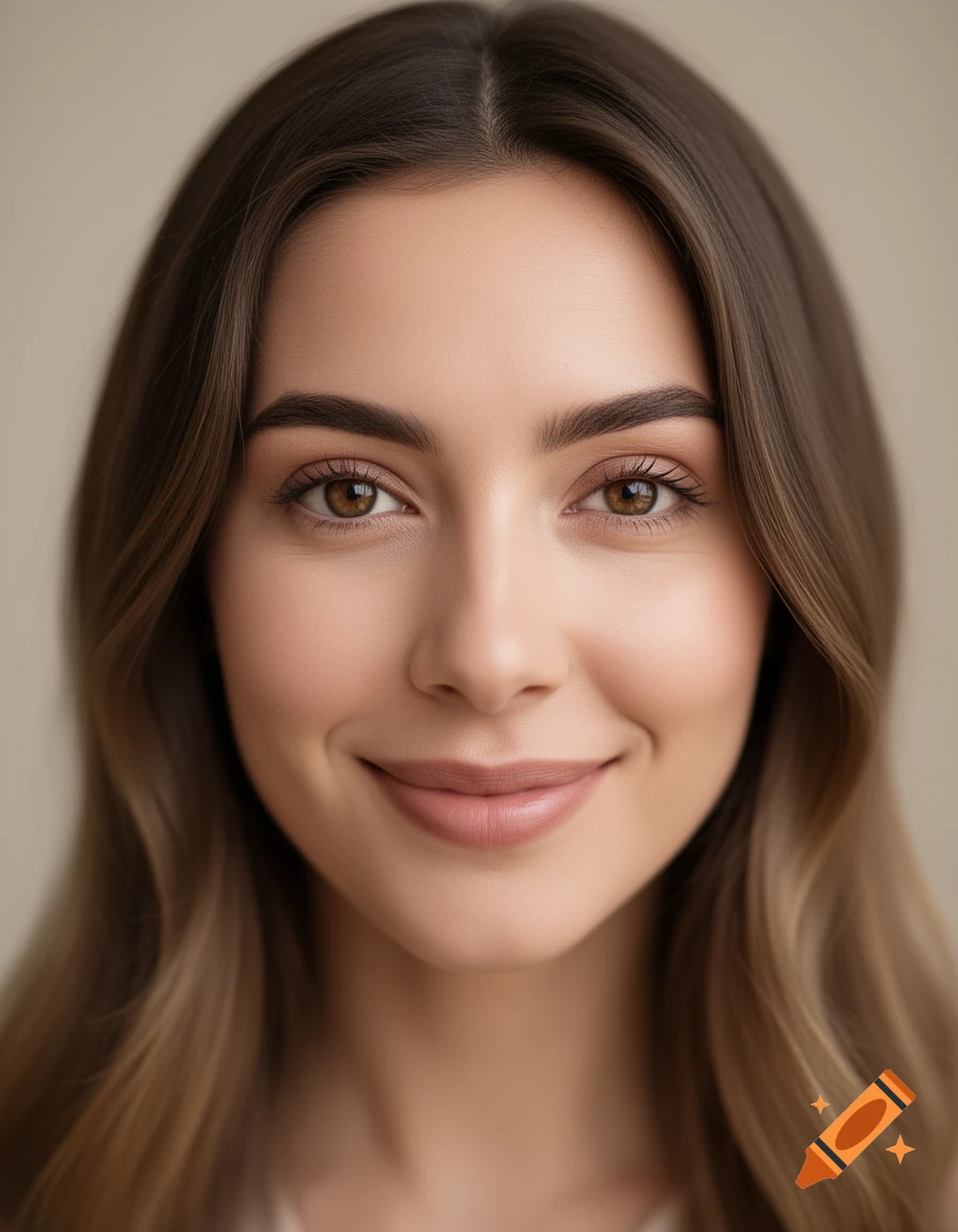 Close-up photorealistic portrait of a young woman with brown hair and eyes, smiling slightly against a plain background.