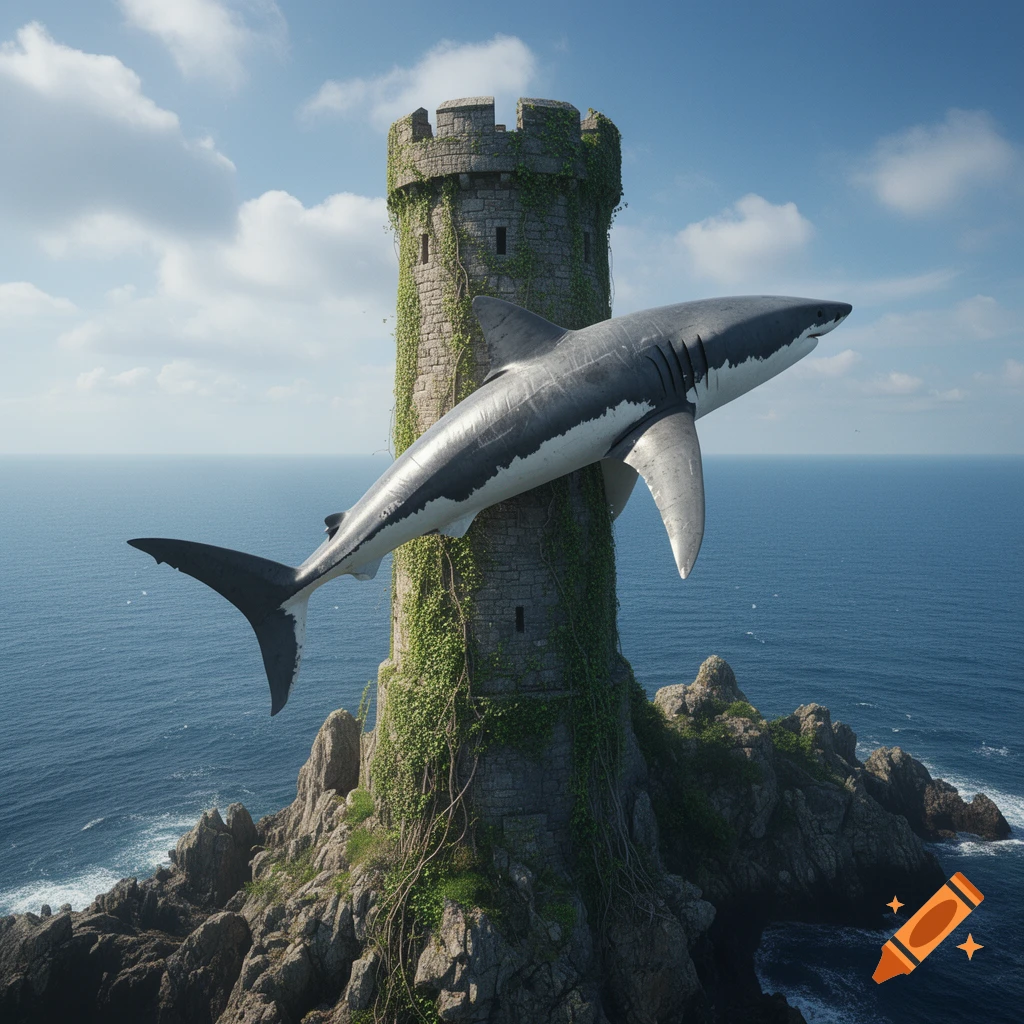 A large great white shark coils around an ivy-covered stone tower on a rocky island in the middle of a vast blue ocean under a cloudy sky.