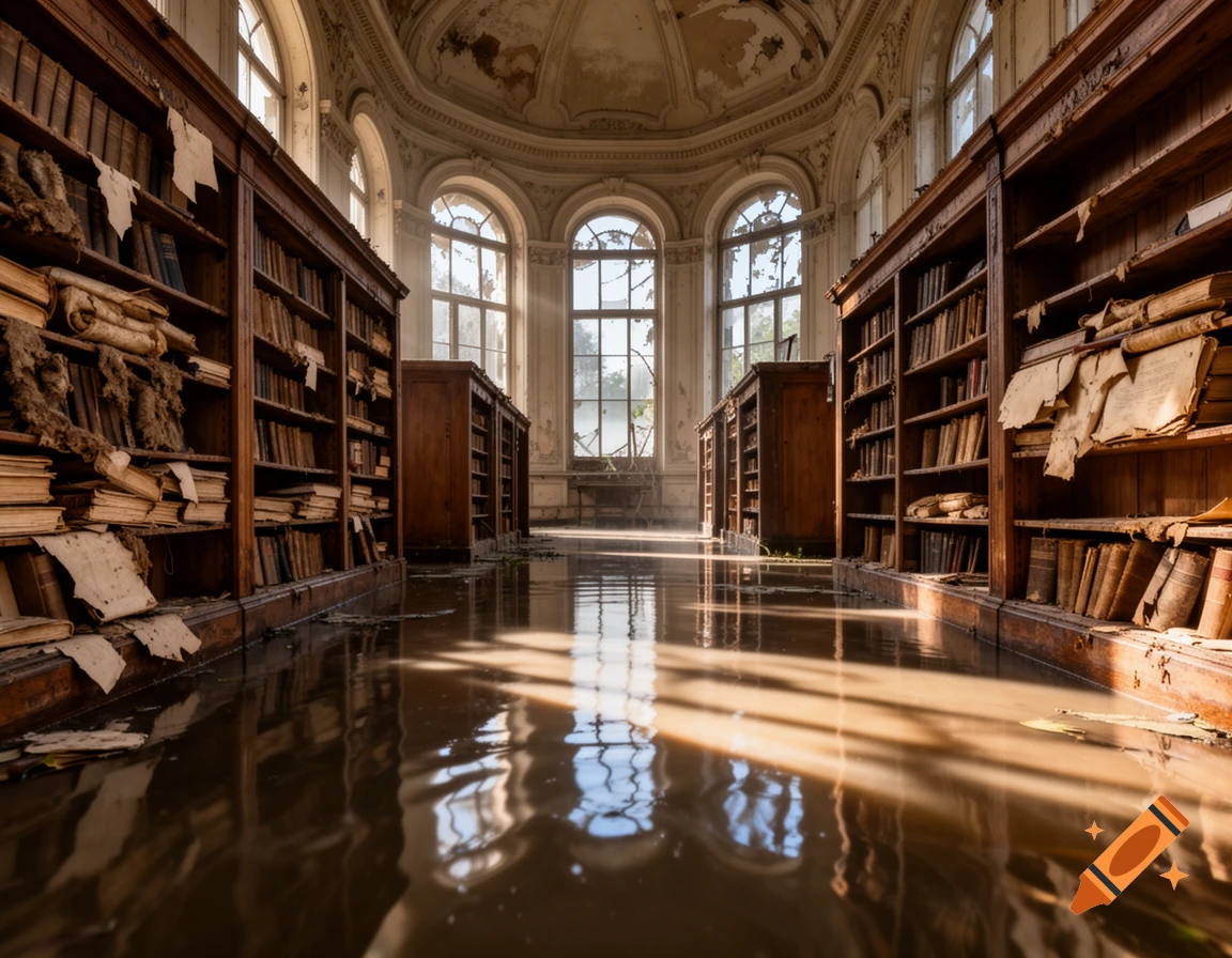 Photorealistic image of an abandoned, grand library flooded with murky water, sunlight streaming through large arched windows.