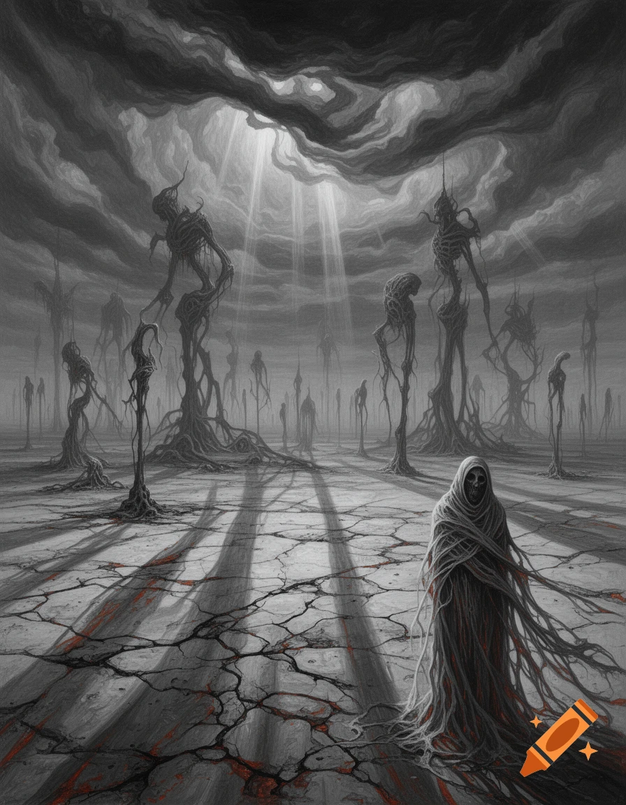 A dark, surreal landscape with a cloaked, skull-faced figure and skeletal, root-like entities on cracked ground under a stormy sky.