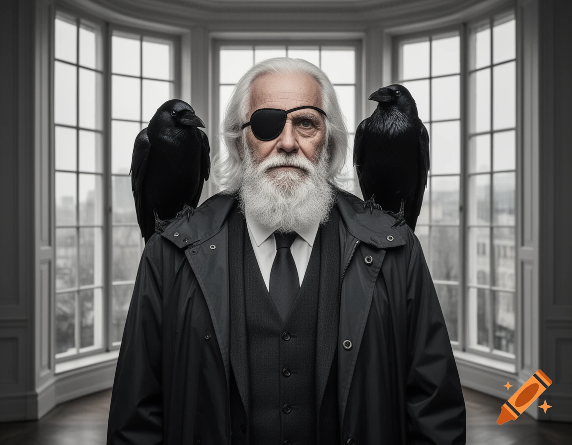 Photorealistic portrait of an old man with a white beard, eye patch, and two ravens on his shoulders, in front of a bay window.