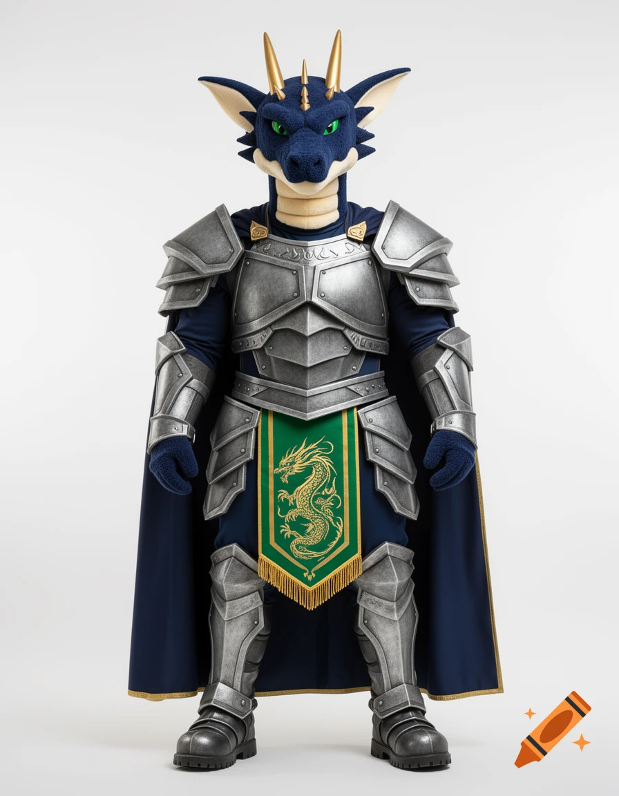 A full-body shot of a navy blue dragon mascot wearing heavy steel-gray plate armor, a green tabard with gold dragon embroidery, and a navy blue cape.