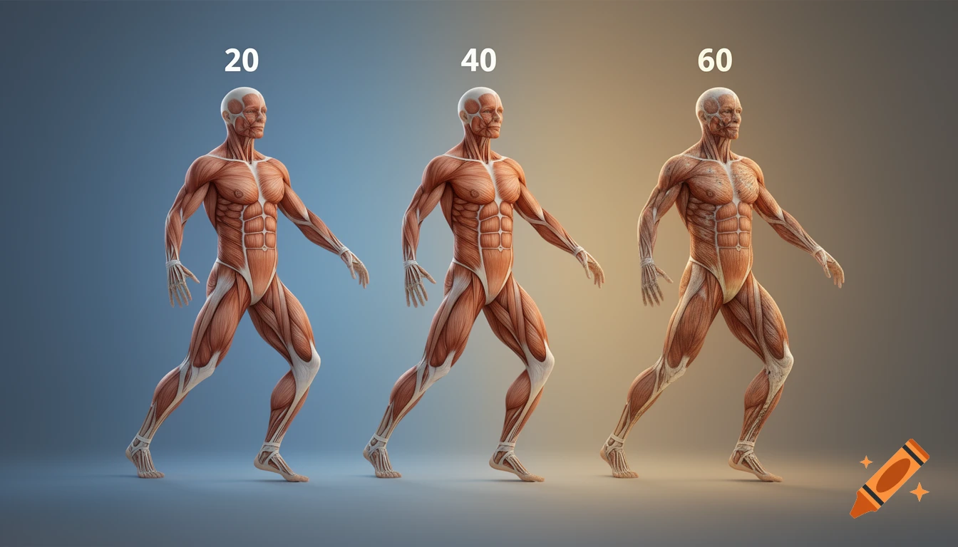 3D photorealistic visualization of the human musculoskeletal system in male subjects at ages 20, 40, and 60, showing age progression.
