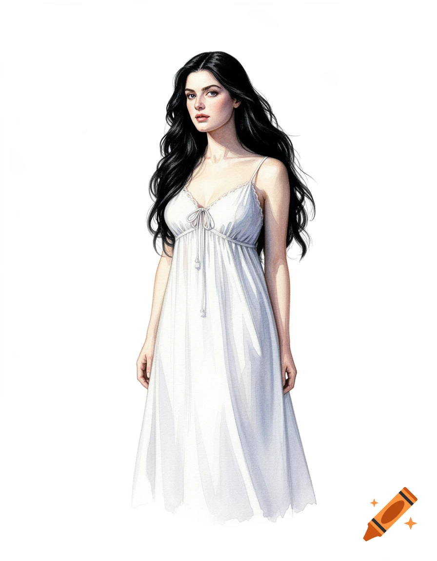 Beautiful woman with long black hair wearing a white nightgown, depicted in a vibrant watercolor painting on a white background.