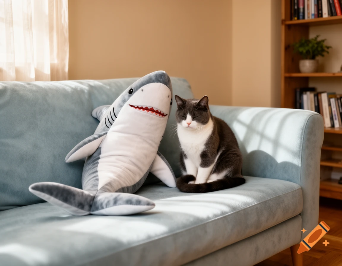 A gray and white cat sits next to a shark plush toy on a light blue sofa in a sunny room with a bookshelf.