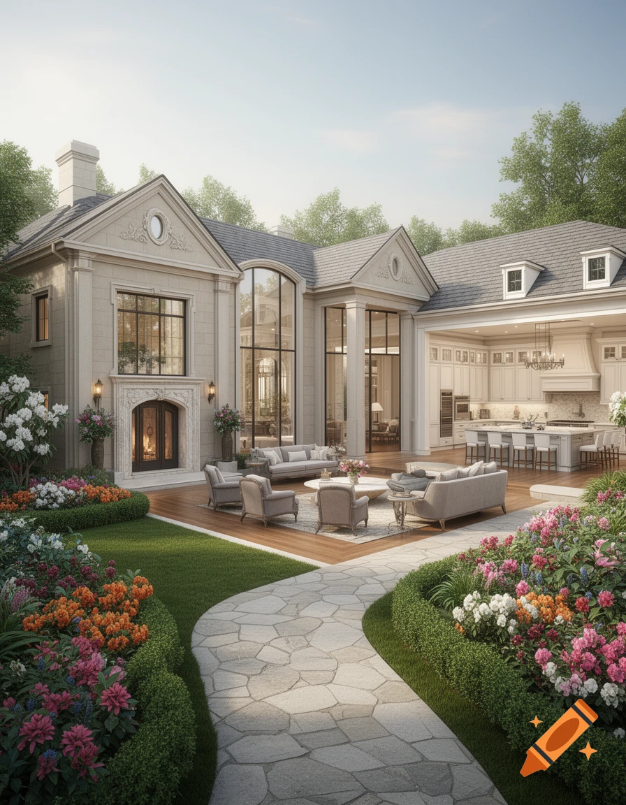 A photorealistic image of a luxurious mansion with an outdoor patio, seating area, and a large garden path winding through colorful flowers.
