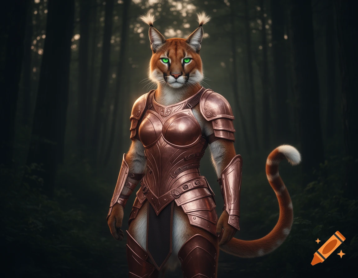 A majestic female warrior werecat in rose gold armor stands in a dark forest.